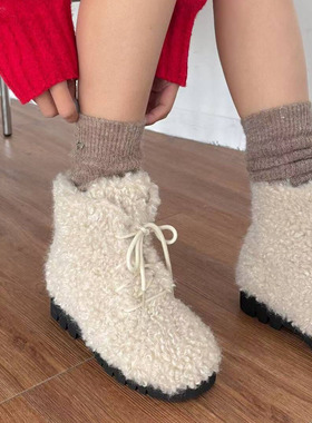 水之心加绒羊羔毛保暖系带棉靴子棉鞋雪地靴女2025东大门冬少女