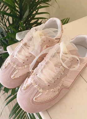 水之心缎面粉色蕾丝网纱透气休闲芭蕾舞板鞋德训鞋女2025春夏甜美