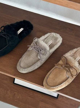水之心温柔百搭休闲复古磨砂牛皮毛毛拖包头半拖鞋穆乐鞋女2025冬
