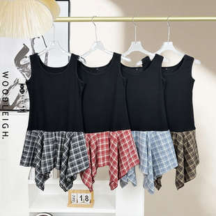 夏季假两件黑色背心不规则格子裙摆拼接无袖连衣裙内搭休闲大码