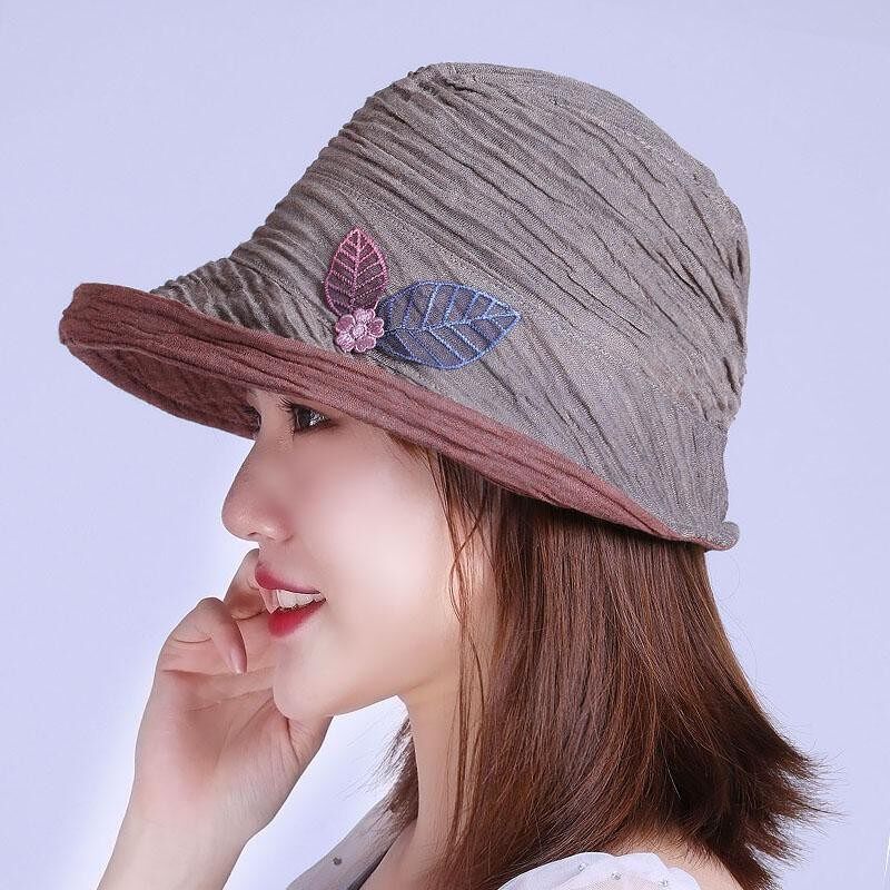 帽子女夏季棉麻花新款渔夫帽帽褶皱防晒帽休闲妈妈帽可折叠遮阳帽