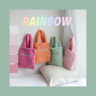 韩国东大门可爱羊羔毛手提包亲子包包字母时尚毛绒手拎包秋冬新款