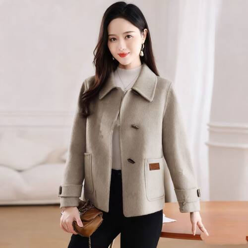 秋冬新款妈妈装双面羊毛呢外套时尚百搭牛角扣双面绒大衣外套短款