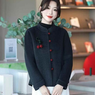 2026春季新款双面绒小香风立领盘扣毛呢外套女红色羊毛大衣短款