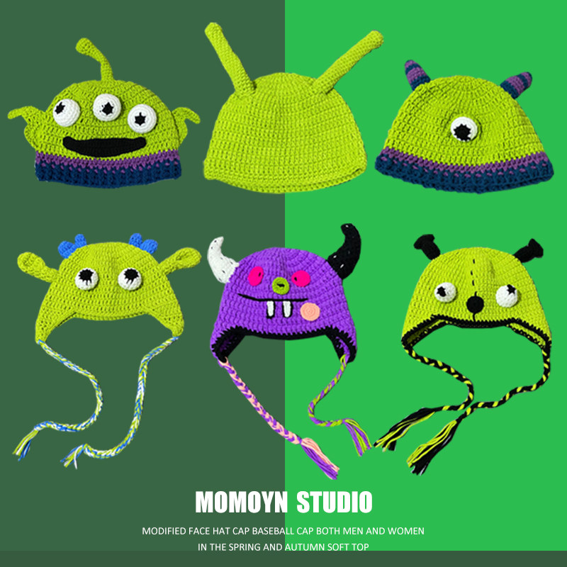 痞幼同款搞怪史莱克毛线帽子女秋冬季恶魔长辫子绿色针织套头帽潮