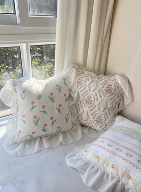 春夏全棉双层纱雪纺花边靠垫方抱枕少女心床头沙发靠枕含芯公主风