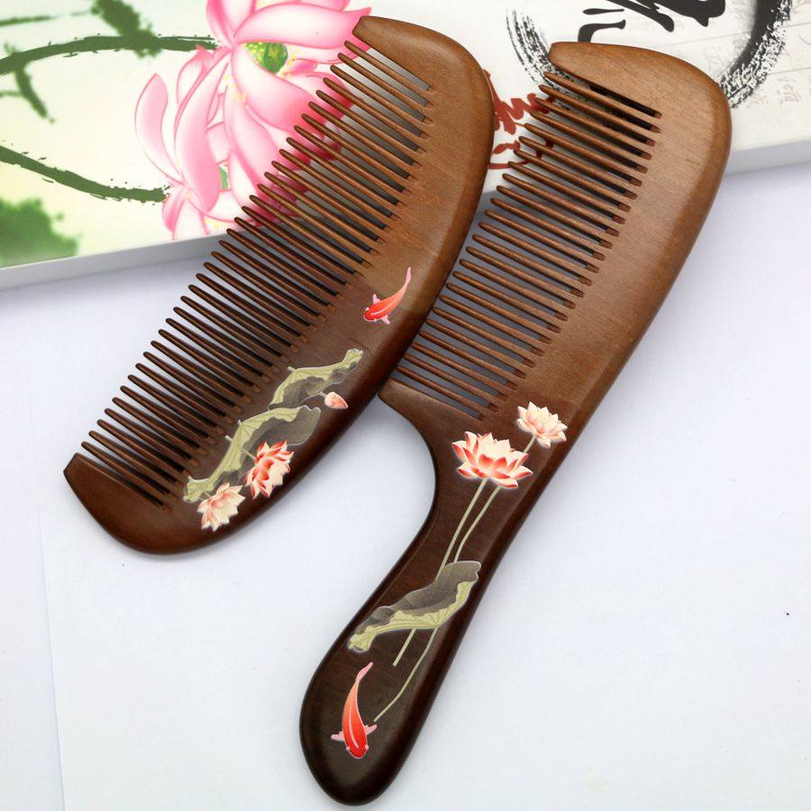 三林正品天然桃木梳子防静电头皮护理梳按摩彩绘红鲤喜庆对梳礼品