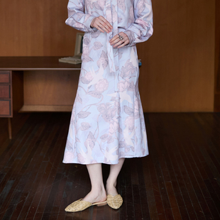 XUNRUO熏若 粉蓝花卉印花气质鱼尾半身裙长裙设计师品牌原创设计