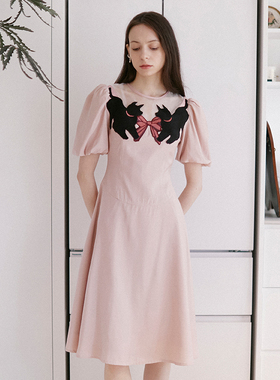 XUNRUO熏若 设计师品牌短裙女春夏 原创粉红蝴蝶结动物刺绣连衣裙