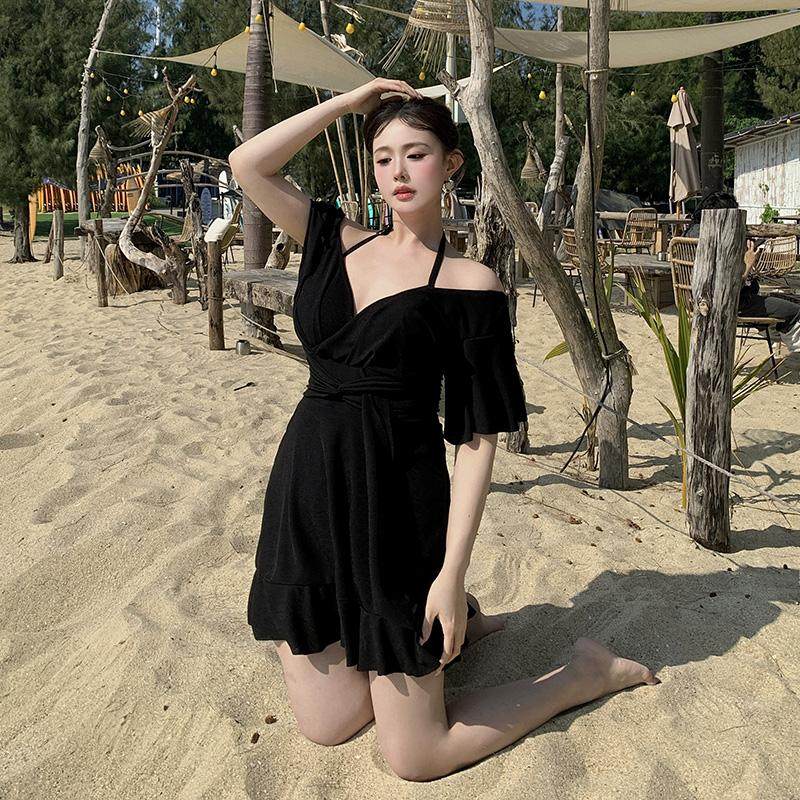 泳衣女连体微胖女孩遮肉钢圈大胸遮肚显瘦高级纯色泡温泉大码泳装