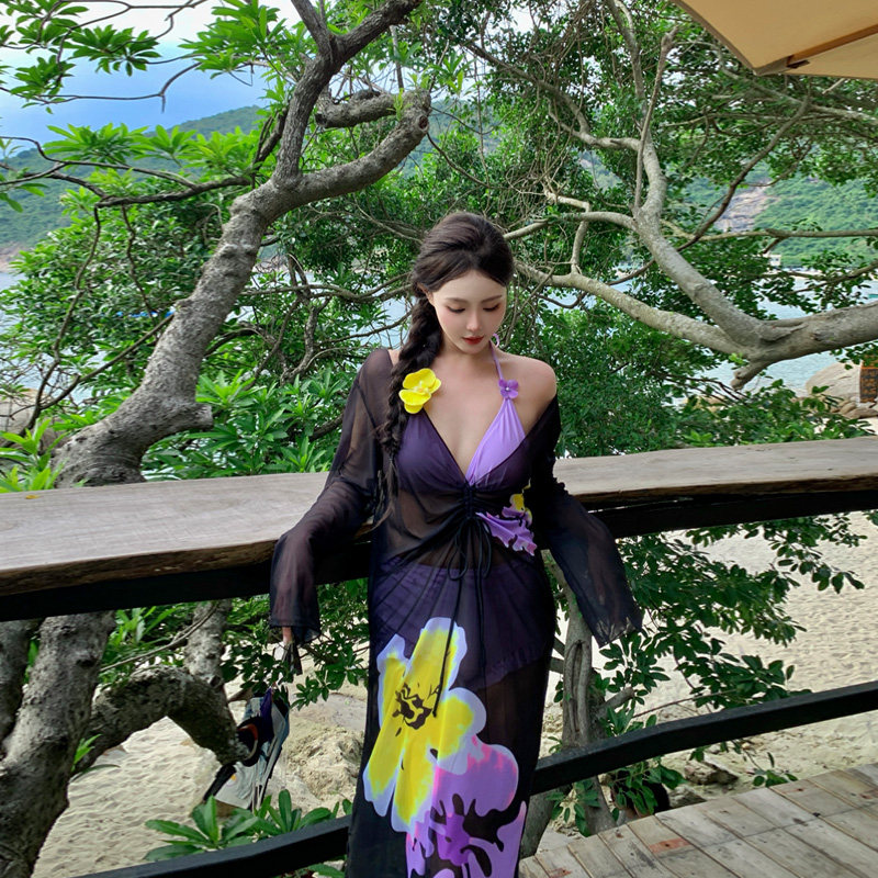 大码胖mm度假比基尼性感三件套分体长袖罩衫纯欲风遮肚显瘦泳衣女