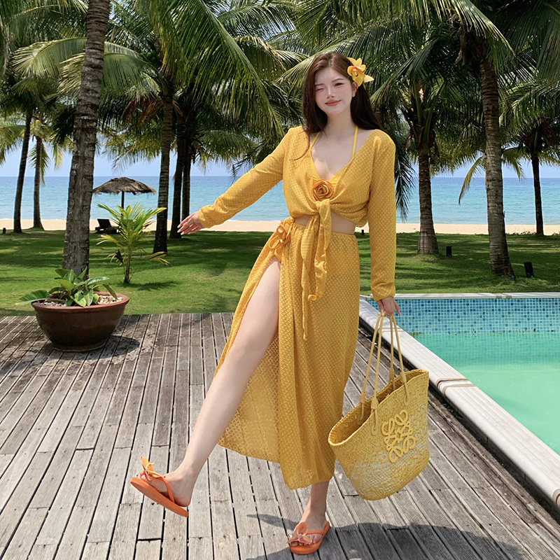 般沐大码微胖长裙四件套海边度假泳衣女生比基尼分体高级性感辣妹