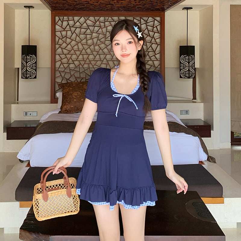 纯欲甜美少女泳衣微胖女孩大码胖mm显瘦遮肉温泉连体裙式平角保守