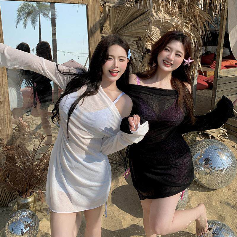 大码纯欲性感比基尼三件套分体泳衣女长袖罩衫遮肉海滩度假游泳衣