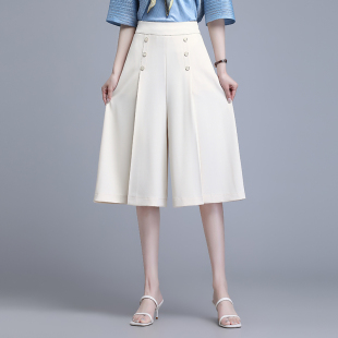 休闲裤 高腰后腰松紧垂感八分裤 裙压褶裙裤 子 80cm长七分阔腿裤