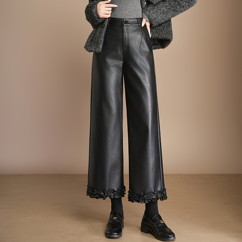 木耳花边PU皮裤阔腿裤九分裤高腰前拉链小个子女裤直筒裤休闲裤子