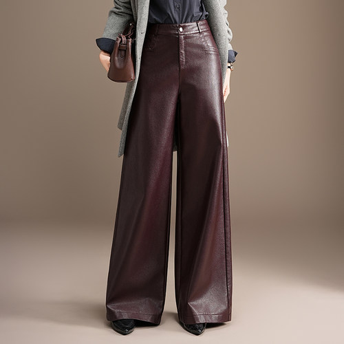 PU皮裤阔腿裤大裤脚长裤高腰前拉链垂感大脚裤甩裤时尚筒裤