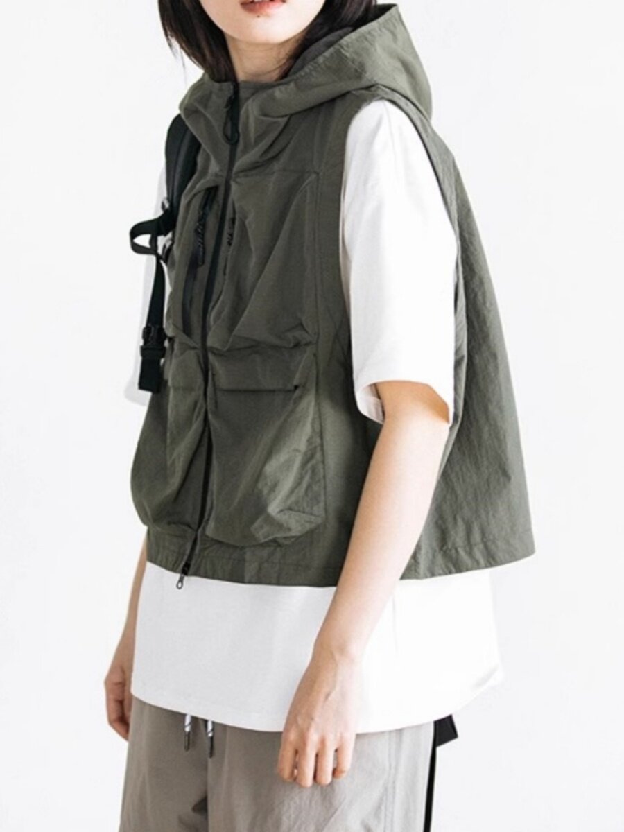 JAPANESE DARK STYLE CITYBOY OVERALLS RETRO TACTICAL SHOULDERS MENS FUNCTIONAL STYLE MULTI-POCKET HOODED FASHION VEST