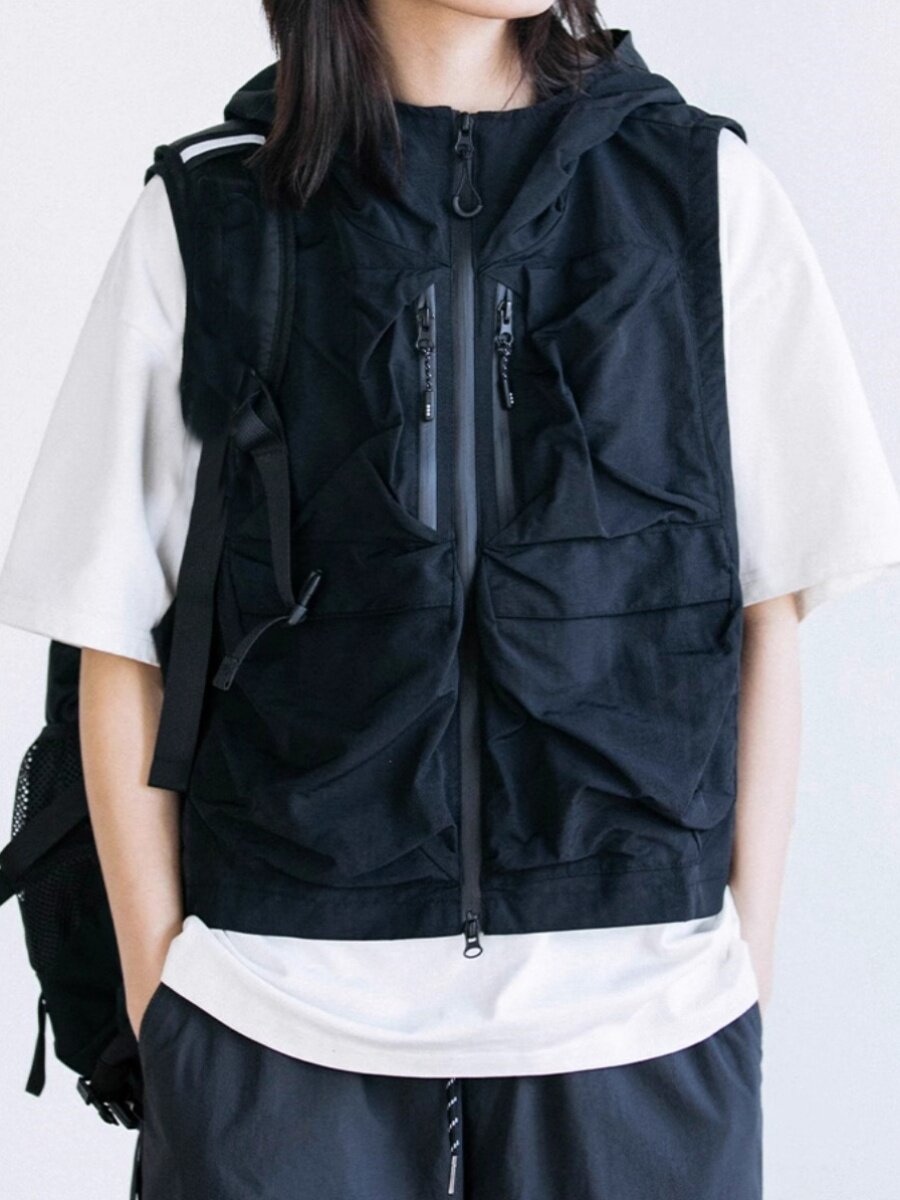 JAPANESE DARK STYLE CITYBOY OVERALLS RETRO TACTICAL SHOULDERS MENS FUNCTIONAL STYLE MULTI-POCKET HOODED FASHION VEST