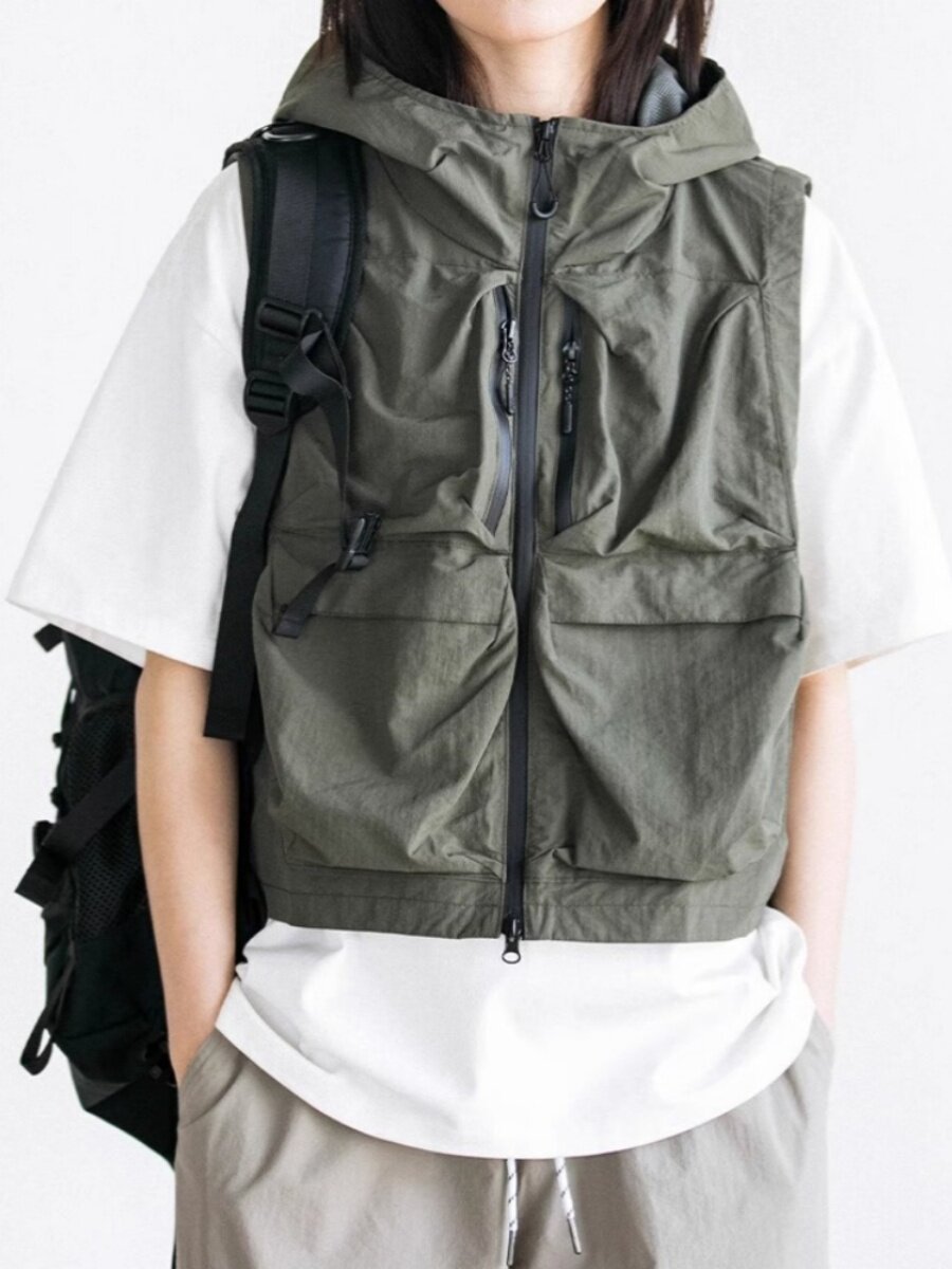 JAPANESE DARK STYLE CITYBOY OVERALLS RETRO TACTICAL SHOULDERS MENS FUNCTIONAL STYLE MULTI-POCKET HOODED FASHION VEST