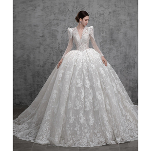 法式 在逃公主出门纱高级感主纱重工拖尾蕾丝 复古婚纱新娘2025新款