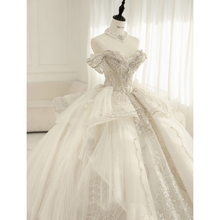 一字肩法式 婚纱2023新款 新娘奢华重工大拖尾在逃公主白色高端主纱