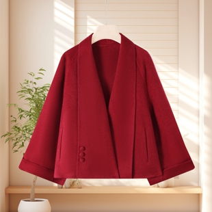 羊毛呢外套呢子上衣披风 小个子秋冬女装 开衫 斗篷大衣双面羊绒短款