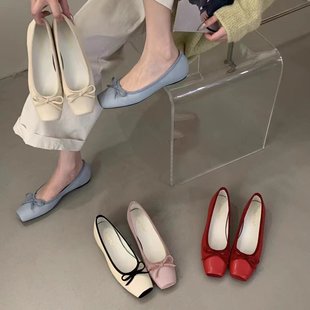 Jomeiforsan韓系芭蕾舞蝴蝶結晚晚風平底淺口新款 方頭女 增高單鞋