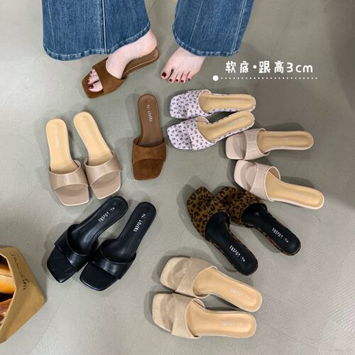 ALILOVER气质裸粉色方头露趾一字拖鞋女夏外穿法式绝美低跟凉拖鞋