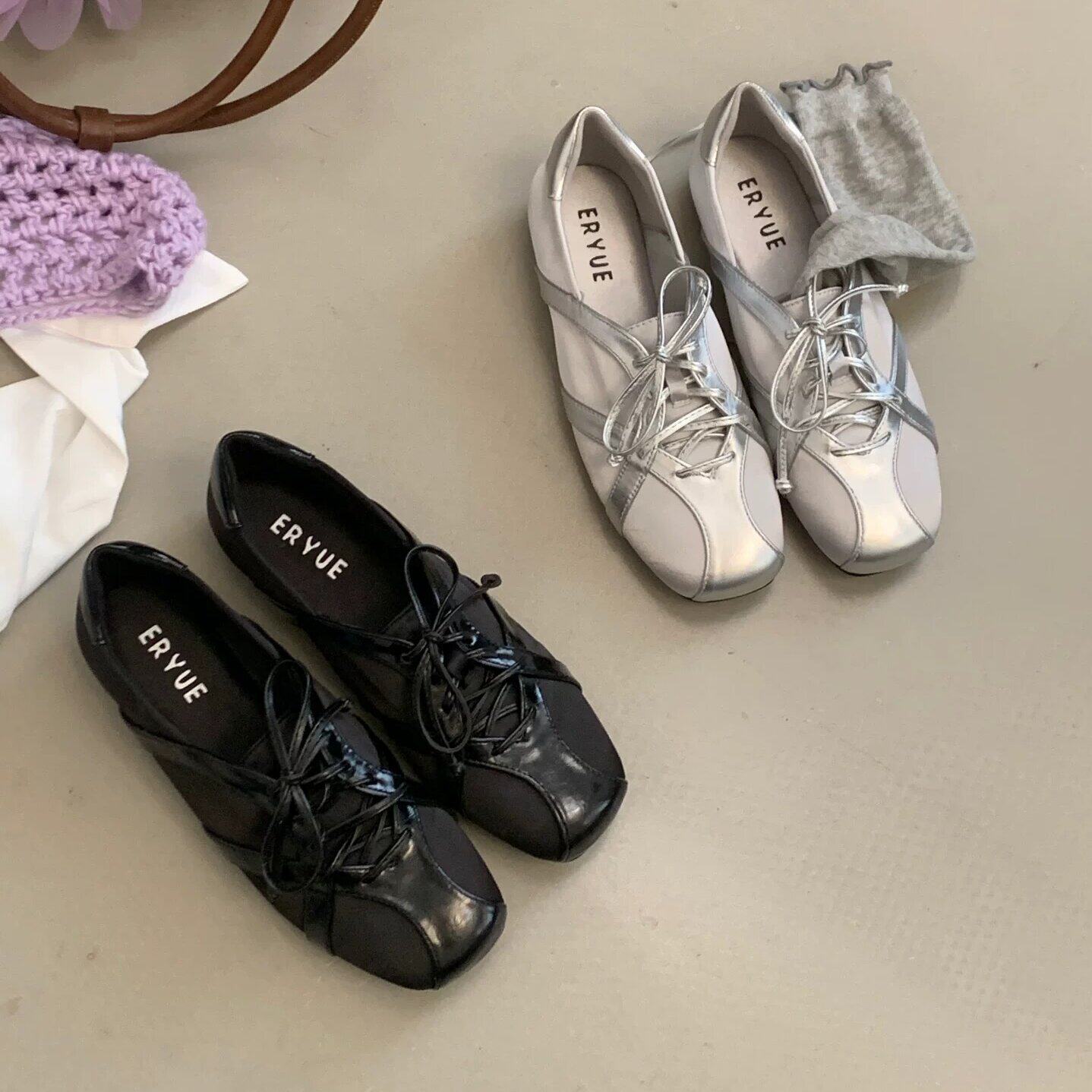 ERYUE 2026年新款方头拼接系带玛丽珍鞋女韩版绑带芭蕾舞平底单鞋