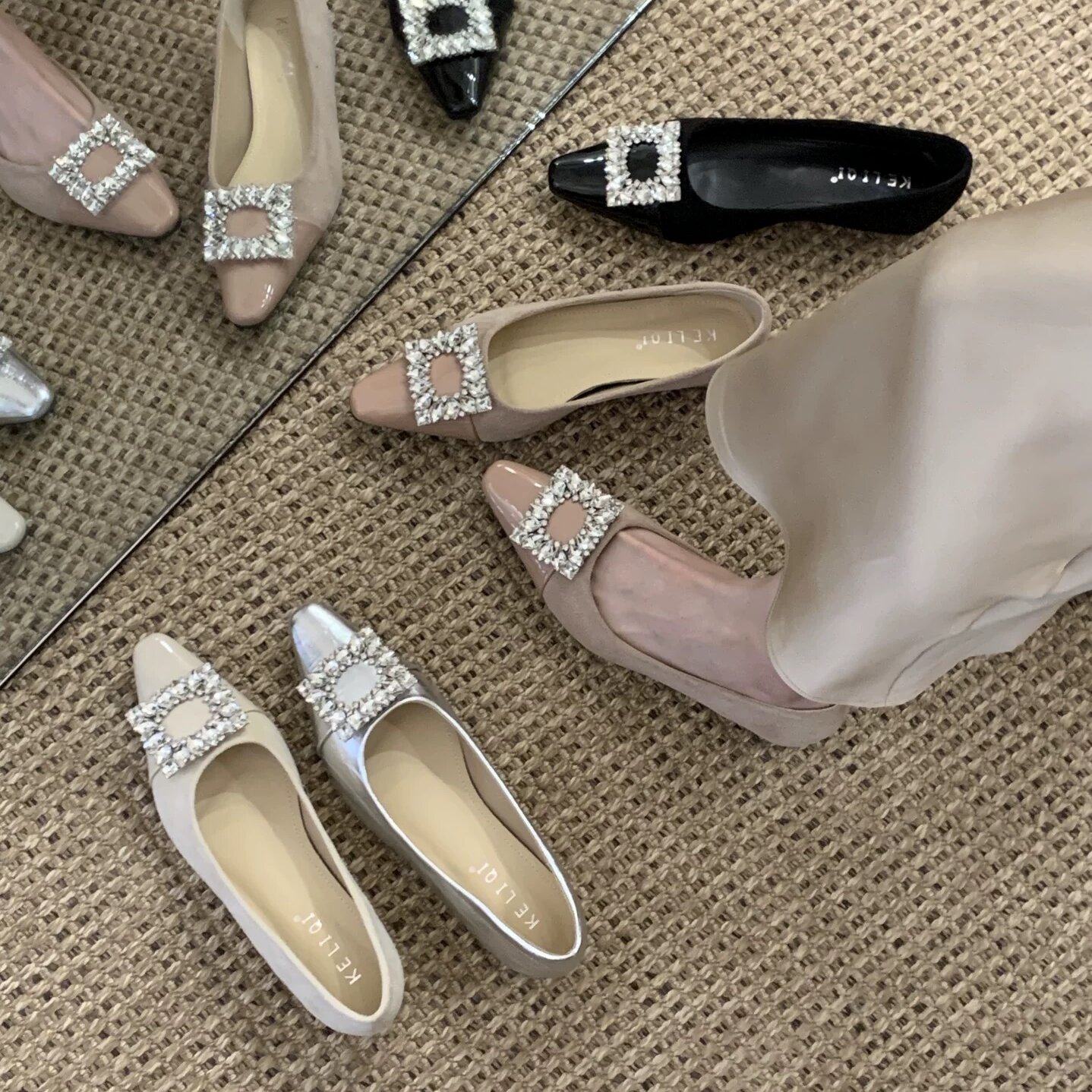 KE LI QI 韩式轻熟风水钻方扣单鞋女浅口内增高通勤气质鞋日常女,女鞋,浅口单鞋,淘宝优惠券,粉丝福利购,淘宝优惠卷