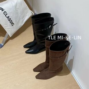 MIKELIN博主同款大筒围显瘦高筒骑士靴尖头内增高皮带扣堆堆长靴