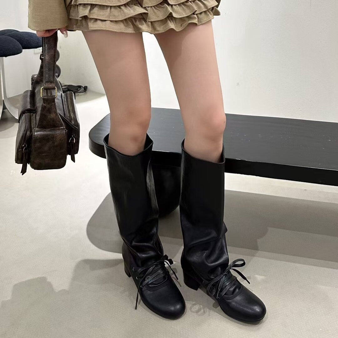 系带大筒围裤管靴女粗跟厚底长筒靴不过膝尖头高筒骑士靴,女鞋,时装靴,淘宝优惠券,粉丝福利购,淘宝优惠卷