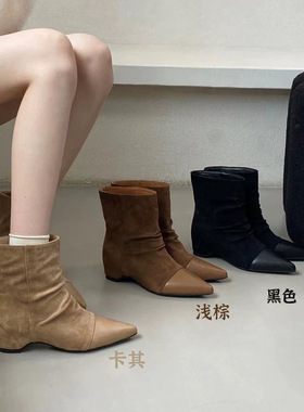 AII GUIFEI韩版尖头堆堆靴女2025新款磨砂皮短筒靴百搭坡跟时装靴