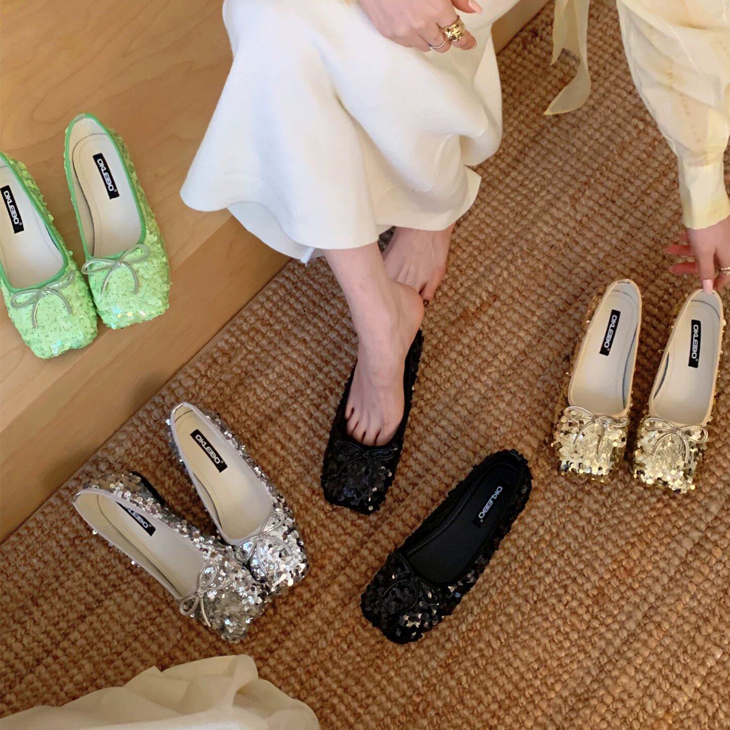 okleibo 仙女风亮片芭蕾舞鞋女2026春季新款一脚蹬蝴蝶结平底单鞋,女鞋,浅口单鞋,淘宝优惠券,粉丝福利购,淘宝优惠卷