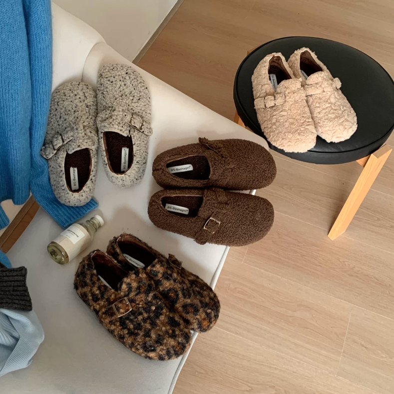 Bashagirl 豹纹羊羔毛皮带扣厚底勃肯鞋女加绒保暖内增高豆豆棉鞋