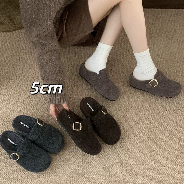 5CM厚底增高勃肯拖鞋女冬季加绒外穿包头半拖鞋皮带扣毛毛拖鞋女