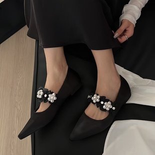 DUXI都熙 归国千金~茶花珍珠缎面玛丽珍鞋女单鞋通勤晚宴婚鞋