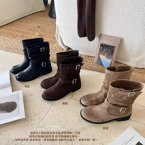 THEMANDAGO芒大果复古感双扣带堆堆马丁靴绒面百搭显瘦西部牛仔靴