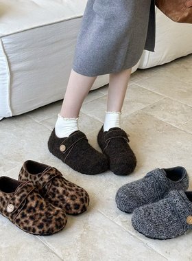 KAMIYA懒人刚需鞋~复古豹纹全包勃肯鞋女冬加绒保暖玛丽珍毛毛鞋