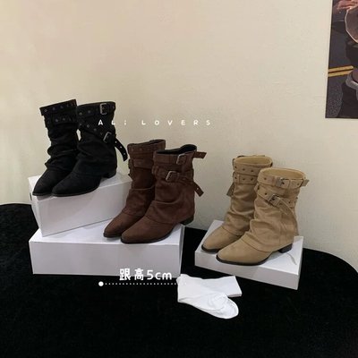 欧美靴子美拉德2025新款秋冬季复古尖头粗跟裤管堆堆靴短靴女单靴