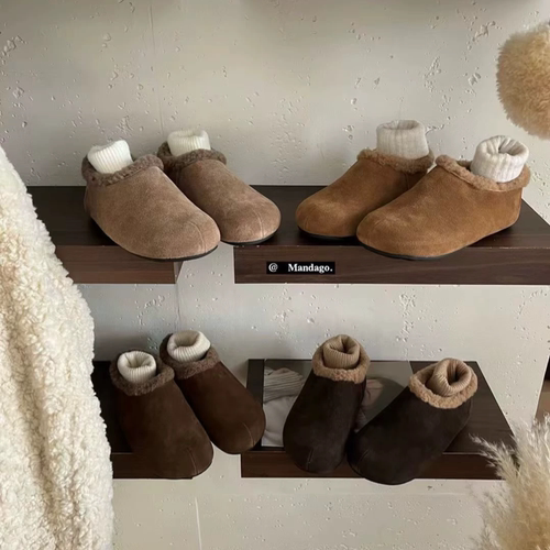 THEMANDAGO芒大果 全包式极简真皮勃肯鞋女秋冬厚底懒人毛毛棉鞋