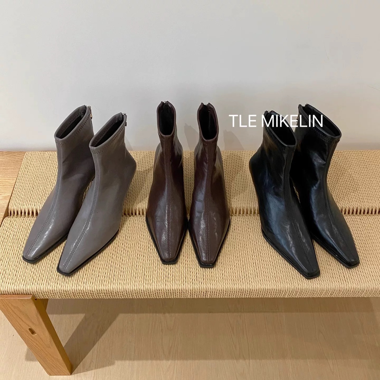 TLE MIKELIN 新款法式小方头后拉链短靴女猫跟瘦瘦靴软皮百搭女靴