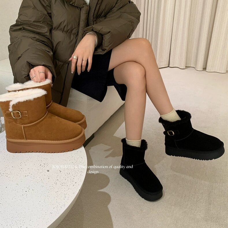 JOJOBASEC皮带扣毛绒雪地靴女2025冬厚底短靴保暖增高时装靴