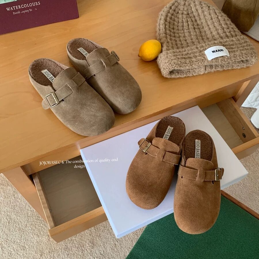 JOJOBASEC韩版包头拖女2025新款冬外穿一脚蹬厚底加绒毛毛鞋