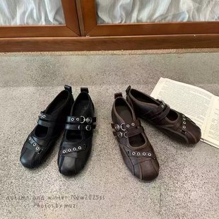 MUZI复古铆钉魔术贴玛丽珍鞋 女朋克风圆头浅口软底芭蕾舞运动鞋