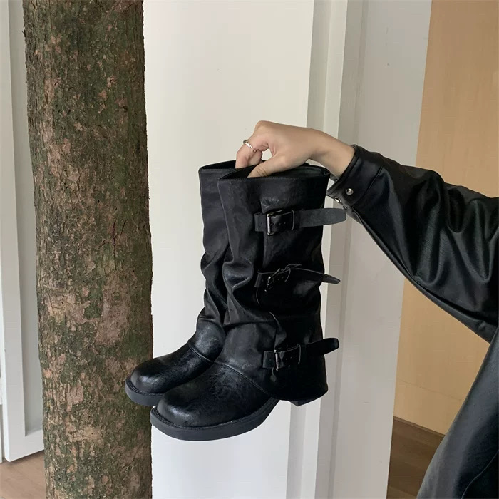 新款圆头粗跟裤管靴中筒靴