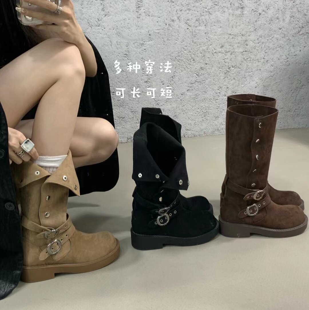 废土风翻折两穿西部牛仔靴秋冬