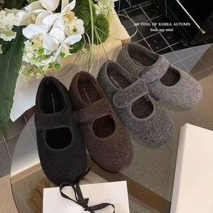 MIDING米町 韩系百搭魔术贴毛毛鞋高级感灰色加绒内增高玛丽珍鞋