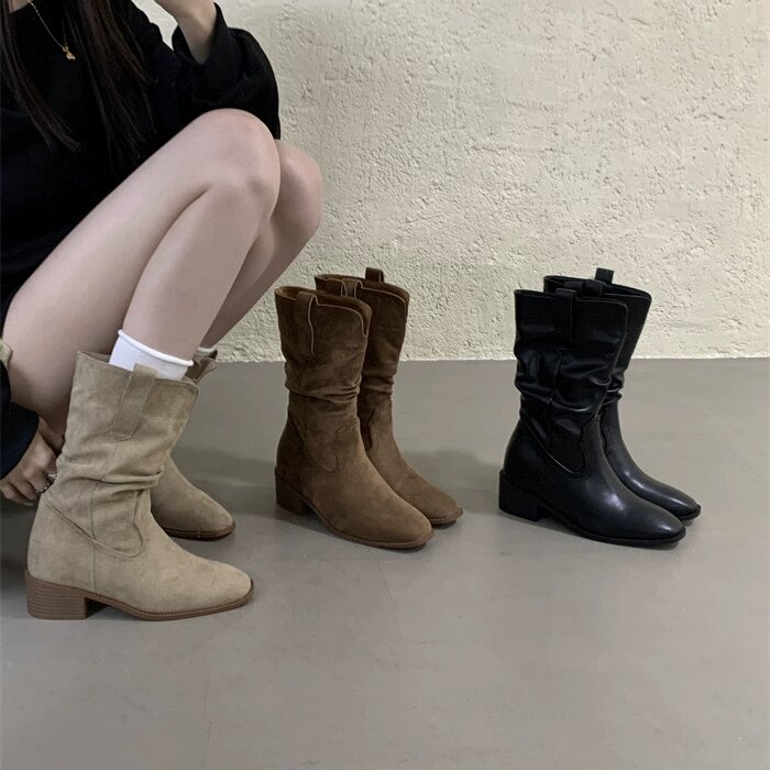 ALILOVER赵露思同款堆堆靴女复古尖头粗跟高跟短靴显瘦百搭牛仔靴